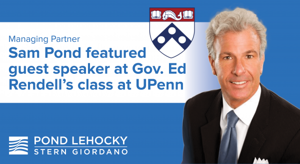 Pond Lehocky Managing Partner Sam Pond speaks to former Gov. Ed Rendell’s class at UPenn